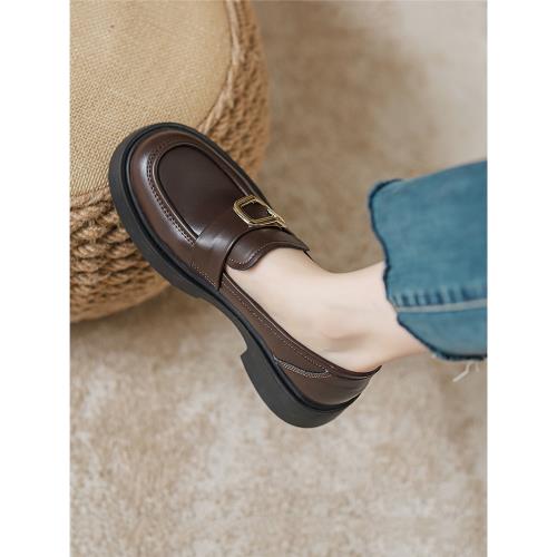 真皮樂福鞋女2023年秋季新款厚底一腳蹬jk棕色單鞋子英倫風小皮鞋