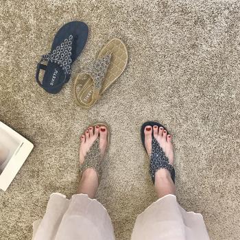 泰國涼鞋女款2024夏季水鉆波西米亞三亞海邊沙灘鞋羊皮軟底平底鞋