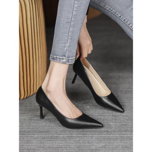 羊皮黑色高跟鞋女7厘米尖頭細跟軟皮不累腳氣質高級職業面試單鞋