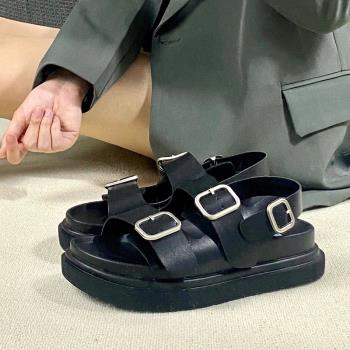 真皮皮帶扣羅馬涼鞋女2023新款夏季黑色方扣厚底涼鞋女外穿