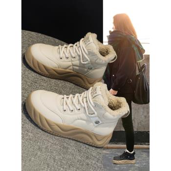 真皮高幫加絨女鞋2024新款秋冬季休閑運動鞋厚底軟底麵包雪地棉鞋