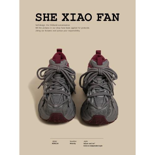厚底老爹鞋女2025秋冬季新款安可拉紅灰色雙鞋帶設計感增高運動鞋