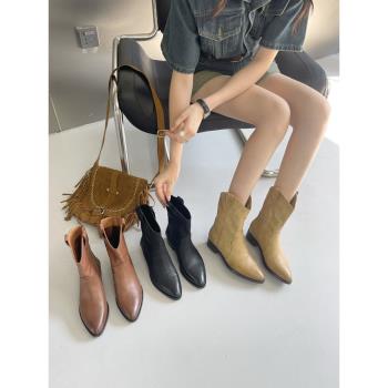 網紅歐版秋冬真皮粗跟尖頭短靴