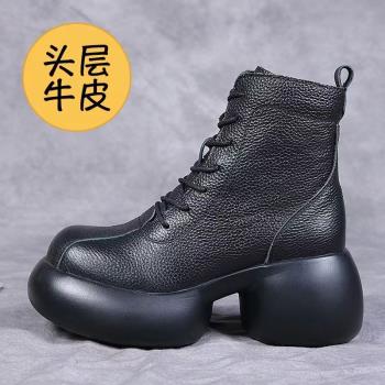 頭層牛皮高跟復古加絨保暖短靴