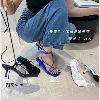 羅馬復古夾趾交叉綁帶涼鞋女2022年夏季新款外穿方頭百搭高跟鞋