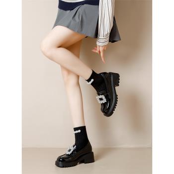 厚底樂福鞋女2024新款水鉆小碼313233內增高小皮鞋小個子高跟單鞋