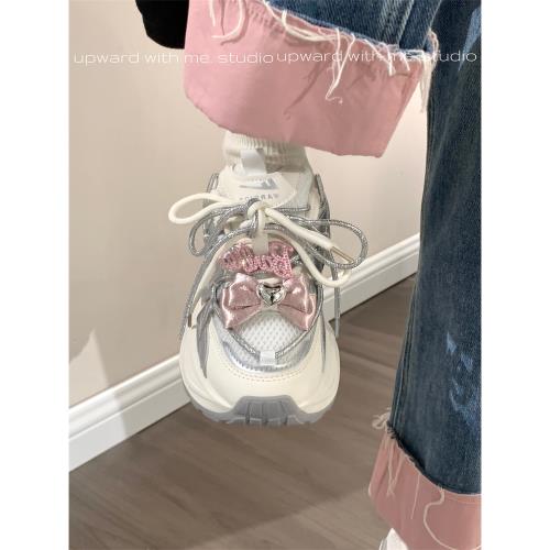 回力蝴蝶結銀色老爹鞋女新款冬季厚底增高百搭鞋子小眾運動鞋宅系