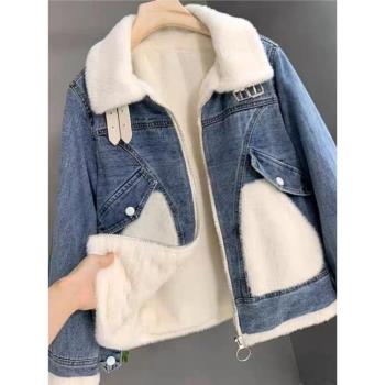 羊羔毛拼接牛仔外套女加絨加厚冬季新款小個子寬松百搭棉服派克服