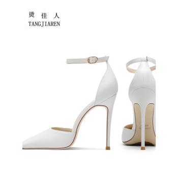 2024春夏季新款羊皮一字扣白色高跟鞋女細跟紅底中空性感包頭涼鞋