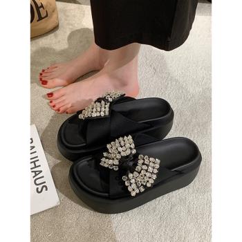 真皮法式仙女厚底鬆糕蝴蝶結拖鞋女2025夏季網紅炸街超火水鉆涼拖