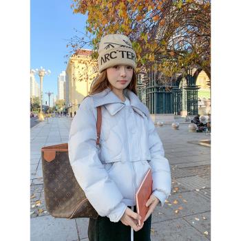 淺藍色短款針織大翻領輕薄羽絨服女冬季2024新款薄款90白鴨絨外套