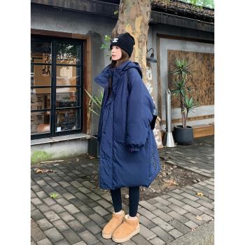 藏青色中長款羽絨服女冬季2024新款設計感小眾寬松90白鴨絨派克服