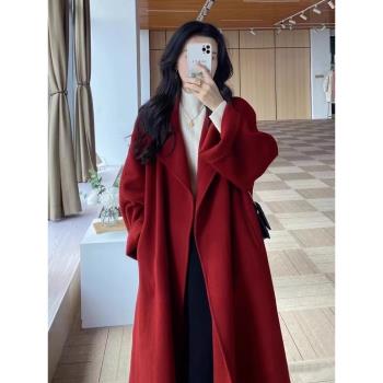 高階感超好看紅色雙面羊絨大衣女中長款2024秋冬季新款羊毛呢外套