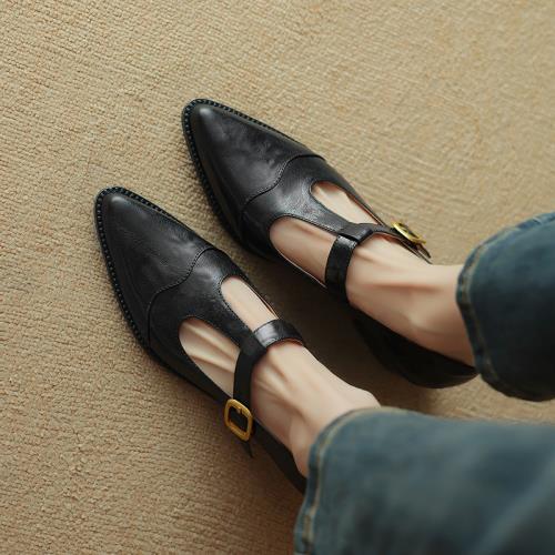 真皮單鞋尖頭淺口丁字鞋t型帶扣復古瑪麗珍鞋子女2024新英倫皮鞋