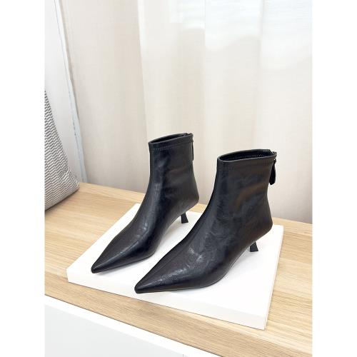 黑色高跟短靴女2025秋冬單靴及裸踝靴軟皮小跟尖頭法式細跟瘦瘦靴