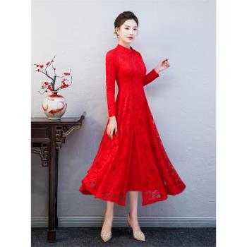 加絨大紅色中式春秋裝婚宴旗袍