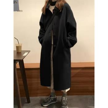 雙面羊絨呢子大衣女小個子2024秋冬裝新款韓系黑色中長款毛呢外套