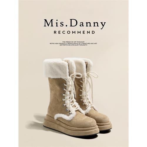 翻毛口~厚底騎士中筒雪地靴女2025新款加絨短靴加厚東北大棉鞋冬