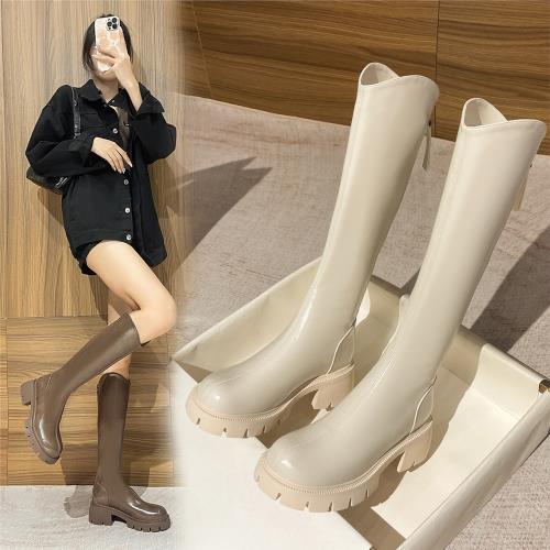 六點大叔 真皮 長筒靴女2023秋冬新款內增高后拉鏈高筒米白騎士靴