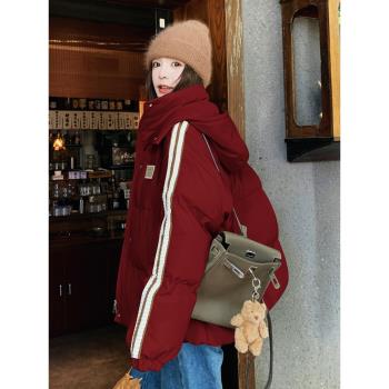 超好看短款紅色羽絨棉服女小個子2024冬季新款加厚連帽麵包服棉襖
