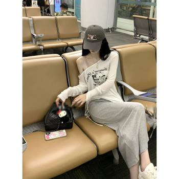純欲性感辣妹修身顯瘦無袖吊帶長裙子女時尚寬松T恤上衣套裝夏季