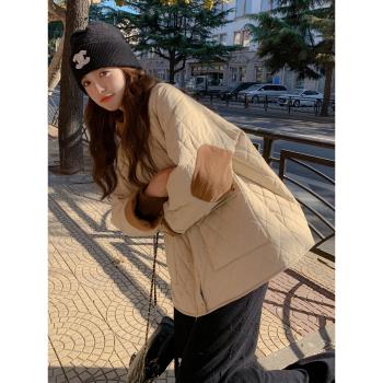 卡其色菱格羽絨棉服女2024年冬季新款韓版小個子加厚棉衣棉襖外套