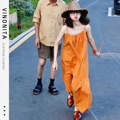 vinonita出游拍照橘色吊帶連衣裙仙氣超仙森系夏天海邊氛圍感長裙