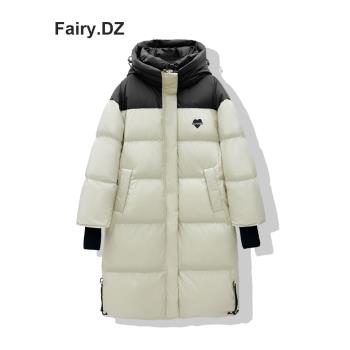 斷碼特價羽絨服女長款拼接撞色24年冬季愛心白鴨絨加厚連帽麵包服