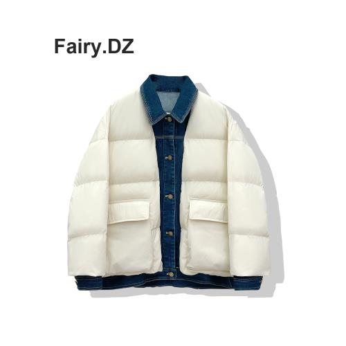 牛仔拼接羽絨服女短款假兩件25年冬季新款韓版襯衫領白鴨絨面包服