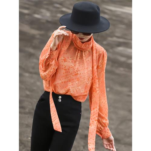 蘭瑟兒2025早秋新款氣質通勤高級感別致小衫高領系帶長袖襯衫上衣