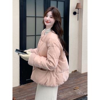 新中式國風蝴蝶結粉色絲絨短款羽絨服女2024冬季新款90白鴨絨外套