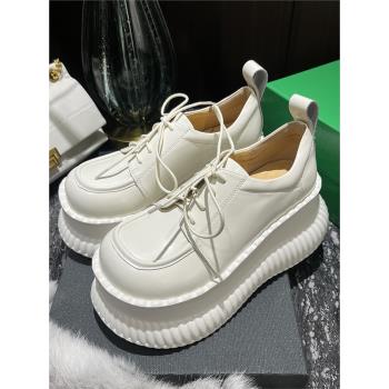 樂福鞋厚底休閑鞋女真皮單鞋鬆糕圓頭增高鞋系帶英倫漆皮鞋學院風