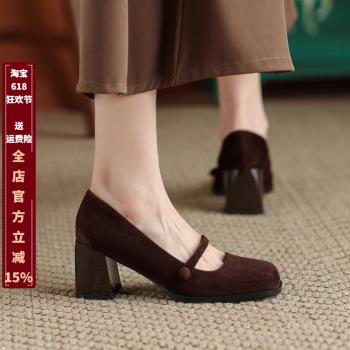 春秋赫本一字扣單鞋真皮方頭粗跟高跟鞋淺口復古淑女文藝瑪麗珍鞋