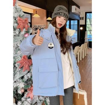 藍色連帽工裝派克服羽絨服女2024冬季新款高階感白鴨絨沖鋒衣外套