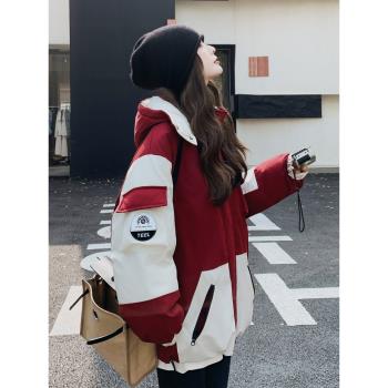 超好看連帽撞色工裝派克服羽絨服女2024冬季新款高階感白鴨絨外套