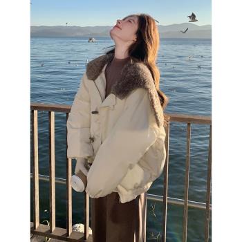 超好看羊羔毛拼接米白色海軍領羽絨服女2024冬季新款90白鴨絨外套