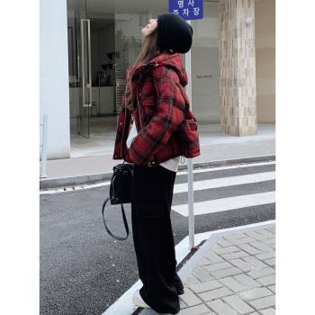 爆款超好看復古紅色格子連帽羽絨服女2024冬季新款加厚白鴨絨外套