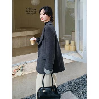 高階感灰色白鴨絨內膽毛呢西裝外套女小個子2024冬季新款加厚西服
