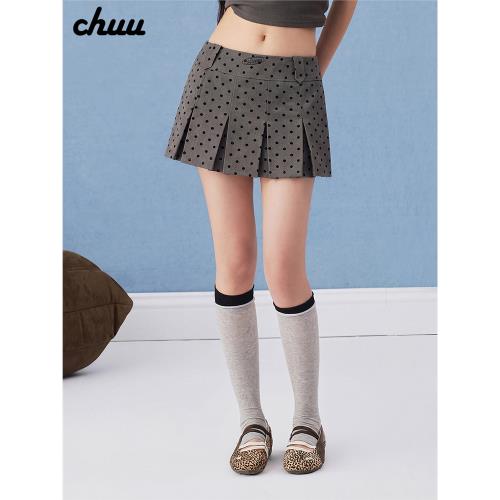 CHUU字母刺繡半身裙女2024年冬季新品拉鏈波點辣妹圓點百褶短裙子
