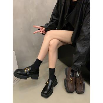 一腳蹬復古棕色秋冬季厚底樂福鞋