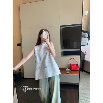 TDDP 卡通刺繡白色吊帶背心女夏設計感拼接棉麻外穿寬松無袖上衣