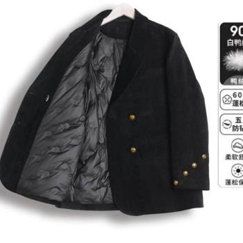 黑色西裝羽絨服女中長款2024冬季新款高階休閑寬松加厚白鴨絨外套