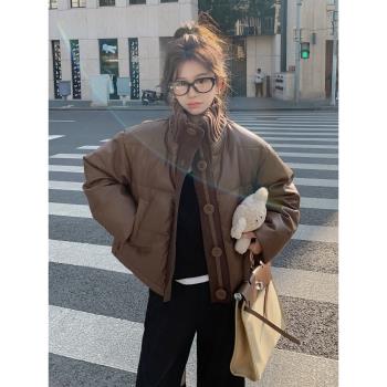 高階感炸街美拉德咖色皮衣羽絨服女冬小個子新款加厚90白鴨絨外套