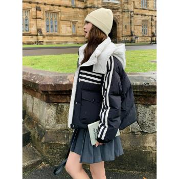 黑白撞色羽絨服女2024冬季新款小個子寬松休閑加厚短款白鴨絨外套