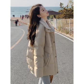 羊羔毛拼接卡其色羽絨服女小個子冬季新款加厚保暖90白鴨絨短外套