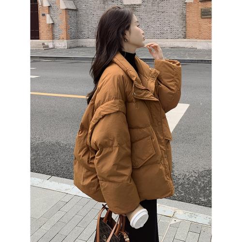棕色短款羽絨服女款2025年爆款冬季新款小個子90白鴨絨面包服外套