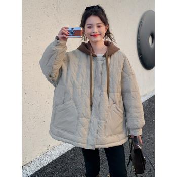 學院風假兩件連帽拼接羽絨服女2024年冬季新款韓系短款白鴨絨外套