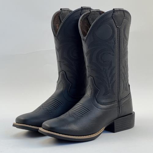 店鋪福利 黑色西部牛仔靴騎士女靴機車靴中筒小方頭牛皮套筒