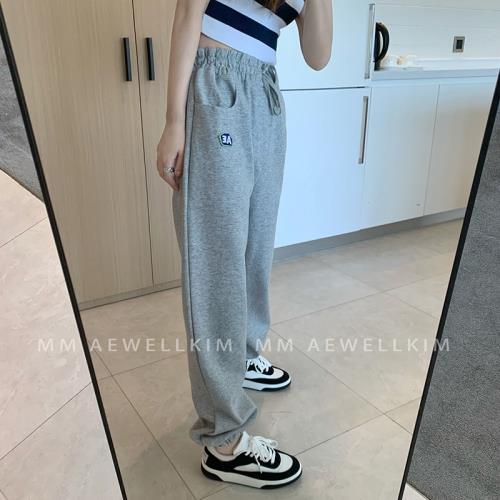 TDDP灰色褲子2024秋季寬松顯瘦松緊腰抽繩休閑長褲小標刺繡衛褲女