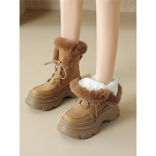 兔毛雪地靴女加絨加厚短靴2023年新款秋冬季棉鞋厚底防滑馬丁靴子